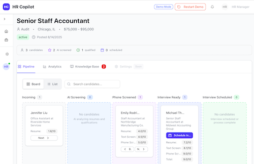 Application Received - AI analyzes resume against job requirements, extracting key qualifications. Candidates are scored and ranked by fit.